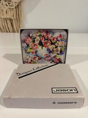 Vintage JASON floral cork coasters SET OF FIVE Flower Dance made in New Zealand